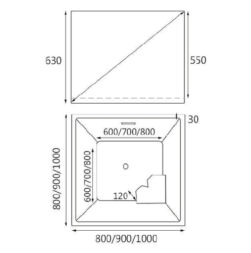Dimensions for HERA Bathtub 1010, Portable HDB Bathtub in Square