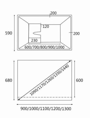 Dimensions of HERA Bathtub 1017 with Seat, Portable HDB Bathtub