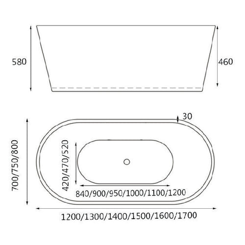 Dimensions for HERA Bathtub 1005, Oval Stand Alone