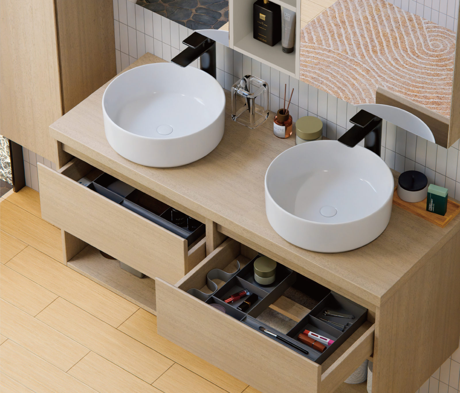ATHENA double vanity with drawers open, under twin round basins