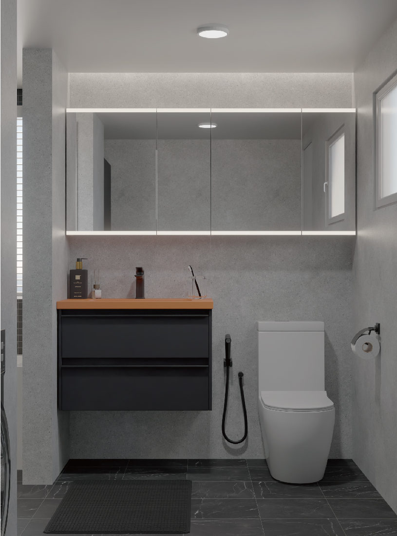 A grey ATHENA vanity with a lit mirror cabinet beside a HERA WC