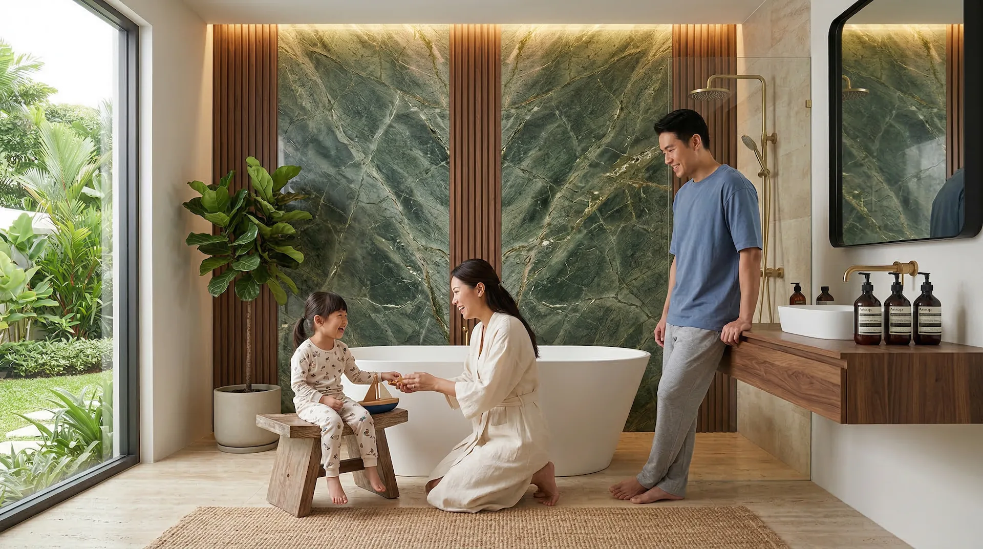 Family bathroom with a tub in active daily use