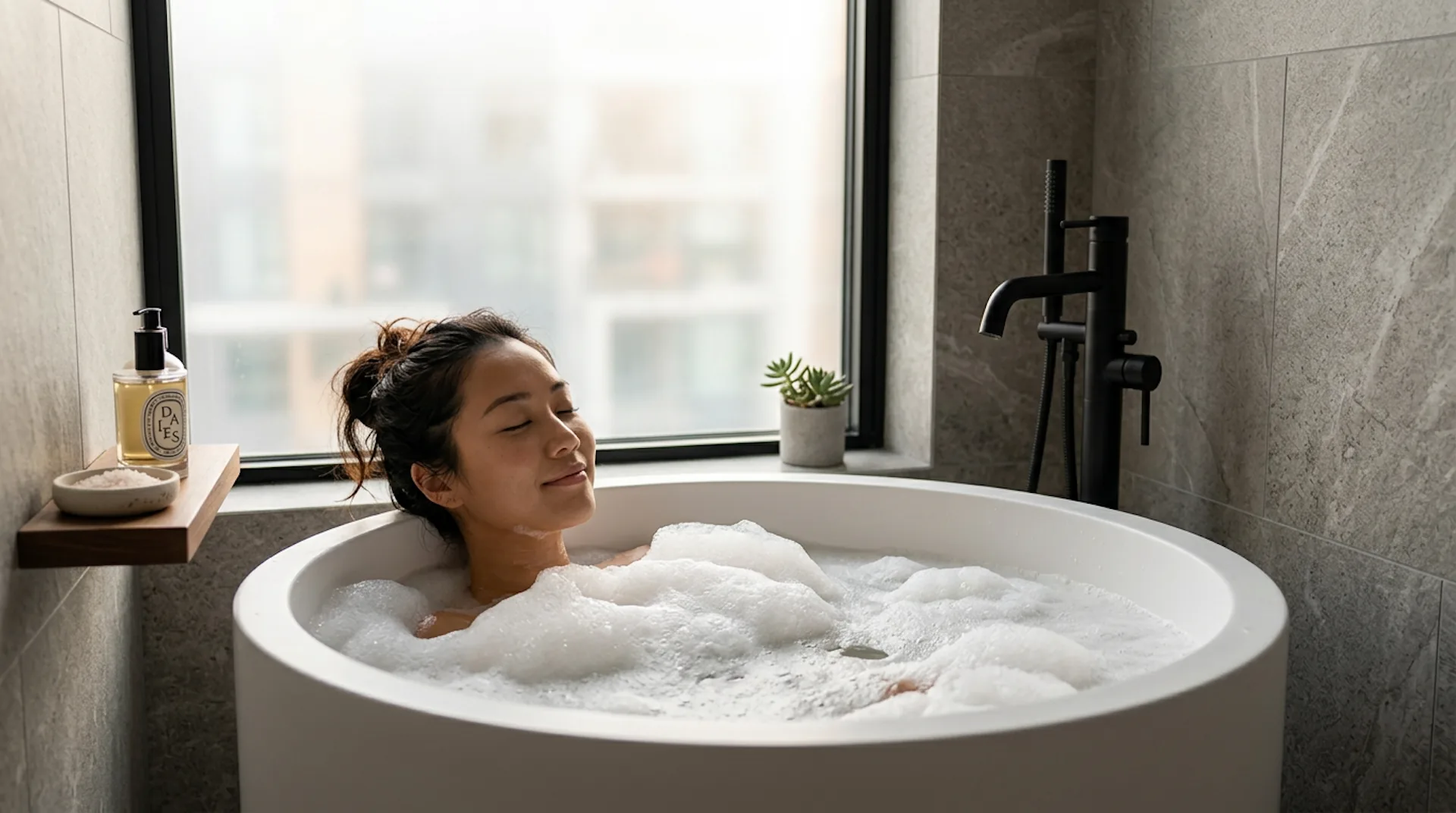 A round freestanding bathtub as the focal point of a small bathroom