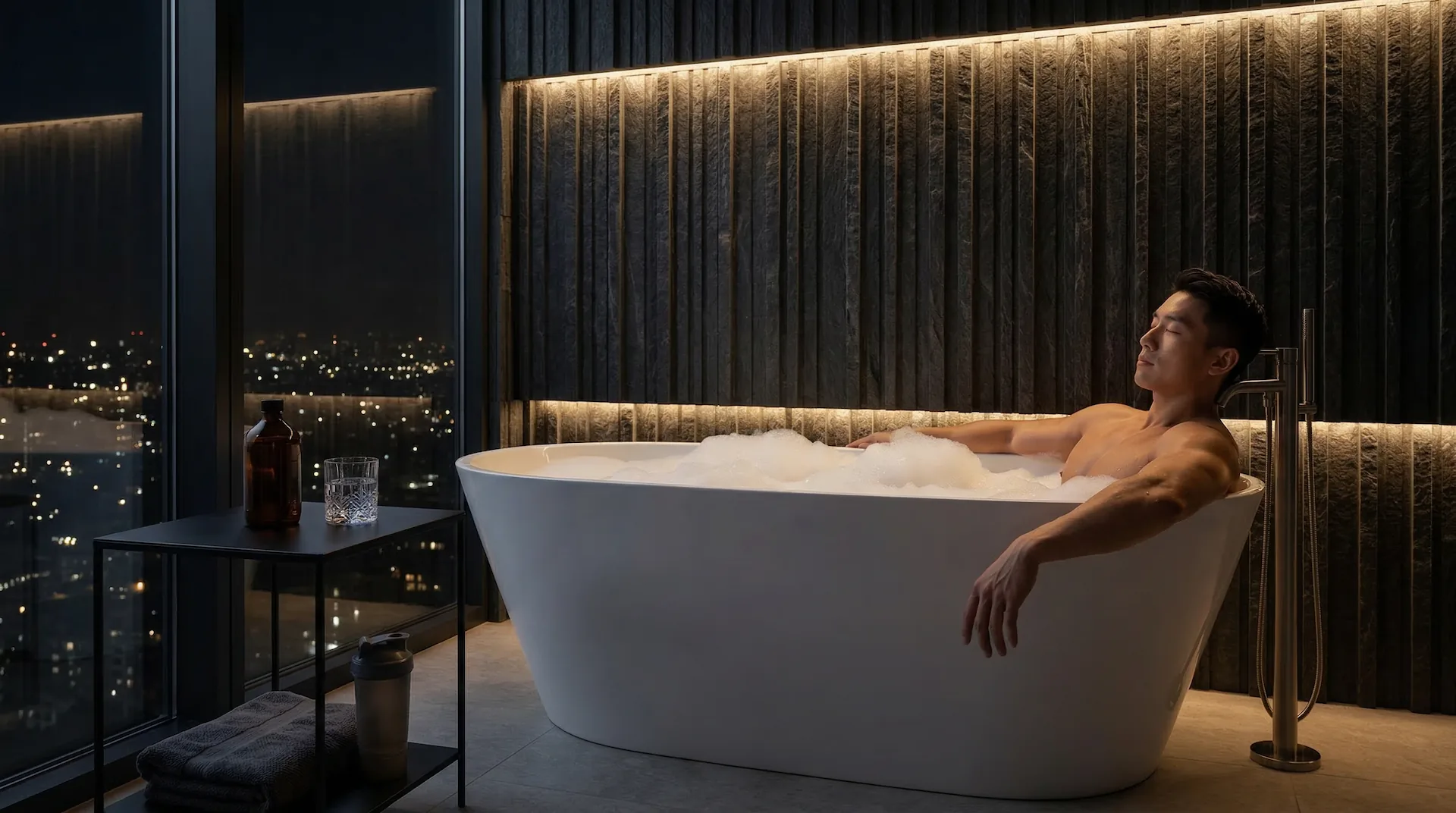 Freestanding bathtub at night