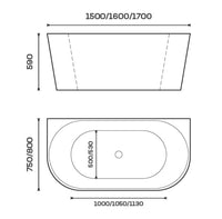 Dimension for HERA Bathtub 1030, Oval Stand Alone
