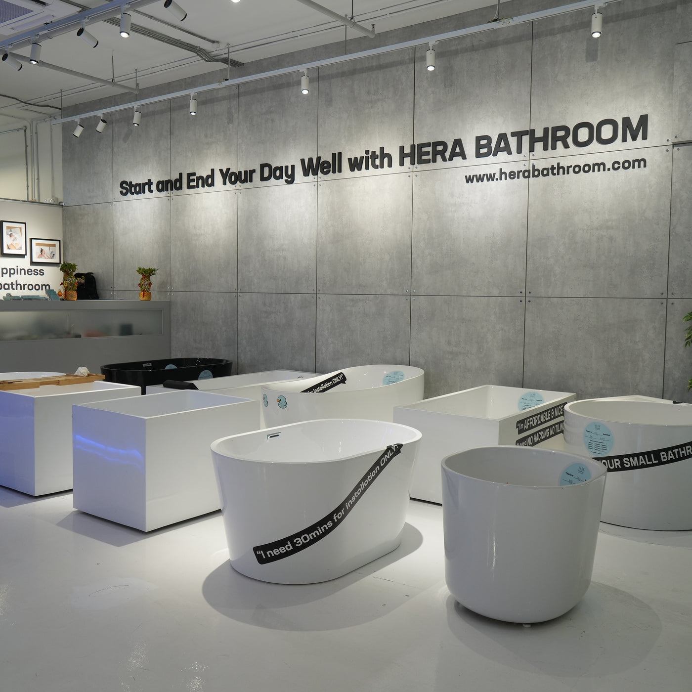 Freestanding bathtubs on display at the HERA Bathroom showroom in Singapore