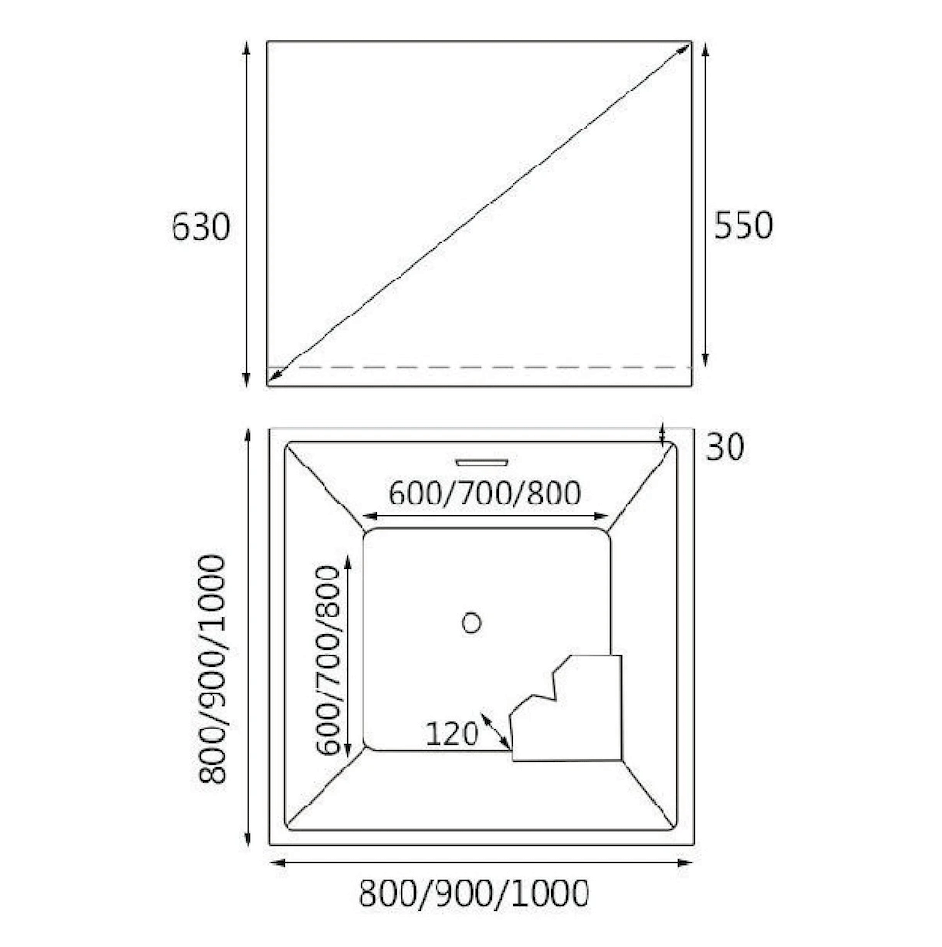 Dimensions for HERA Bathtub 1010, Portable HDB Bathtub in Square 