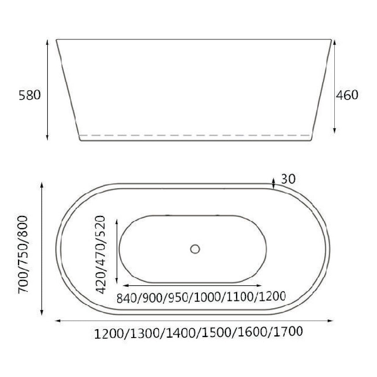 Dimensions for HERA Bathtub 1005, Oval Stand Alone