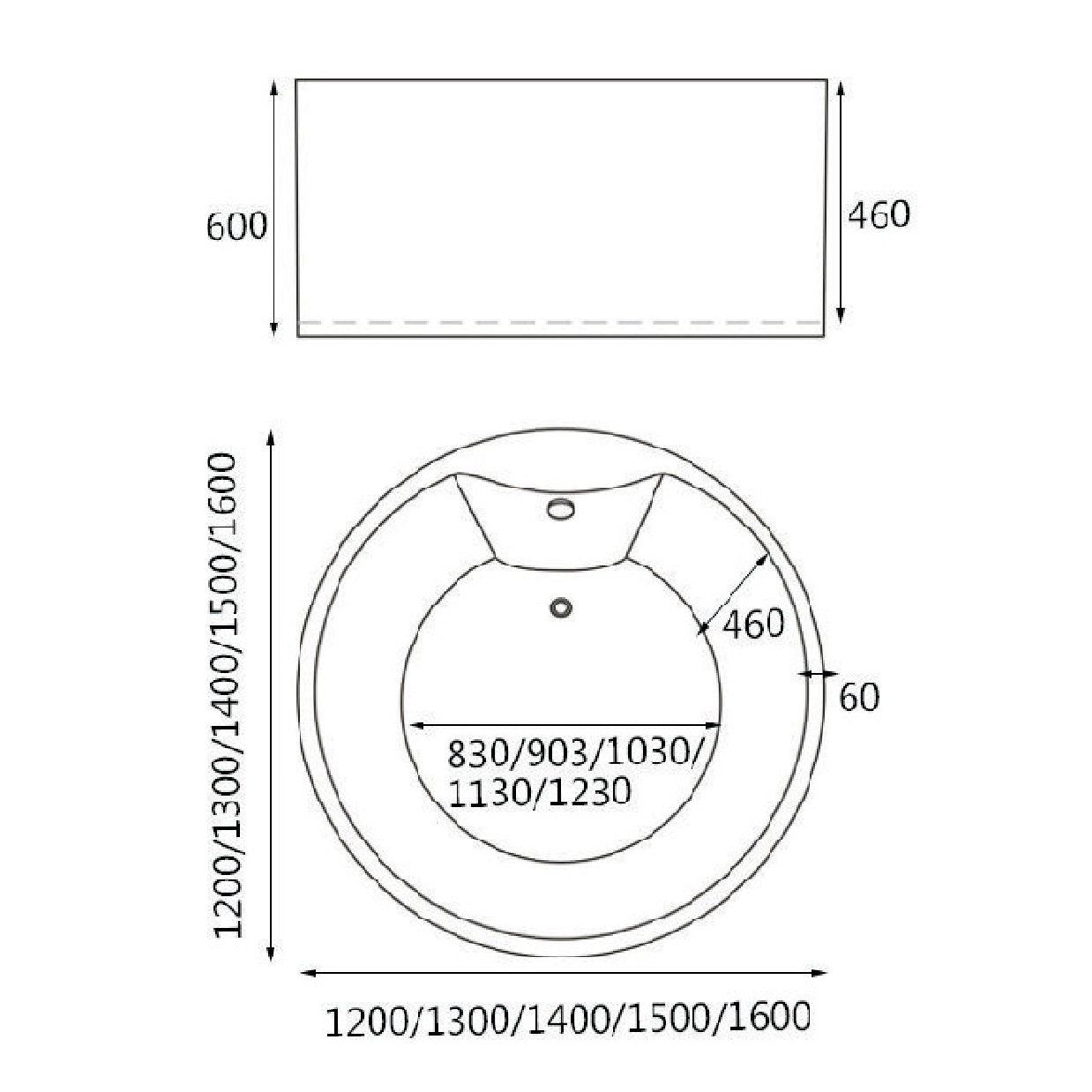 Dimensions for HERA Bathtub 1007, Round Shape Standalone Tub