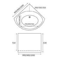 Dimensions for HERA Bathtub 1011, Portable Corner Bathtub