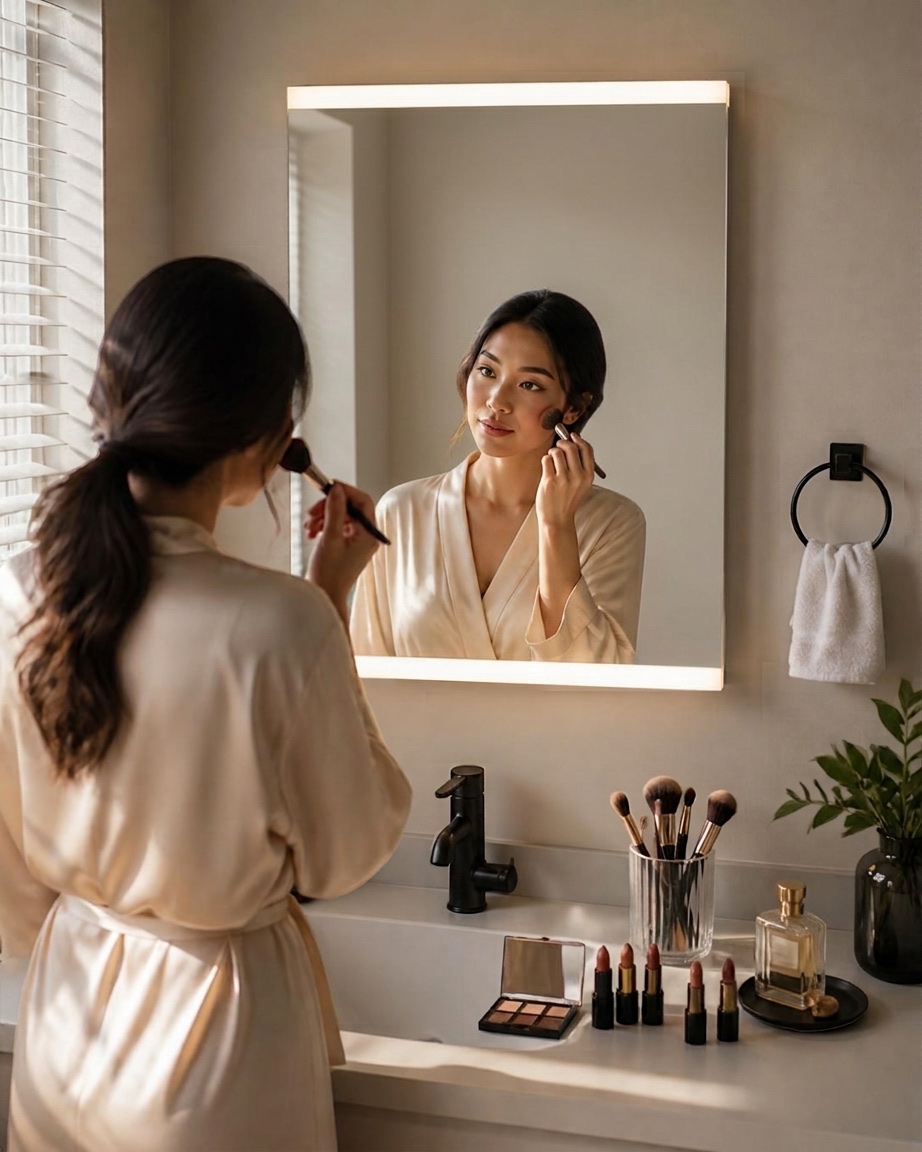 A woman doing her make-up at a HERA LED mirror
