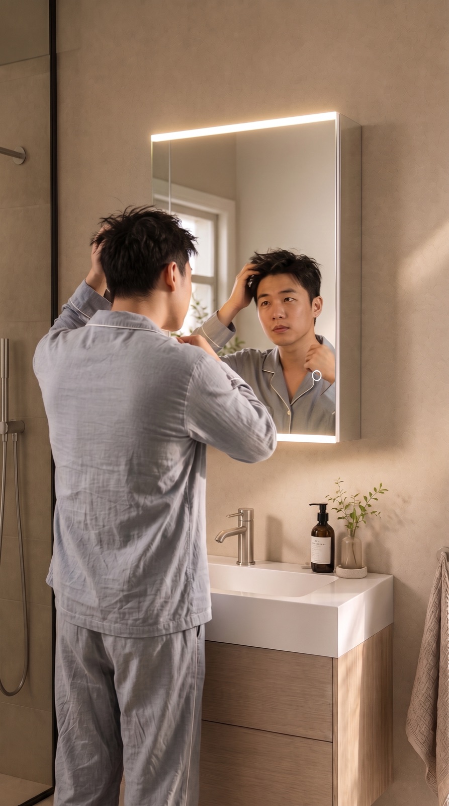 A man doing his hair at a HERA Align 50 LED mirror cabinet