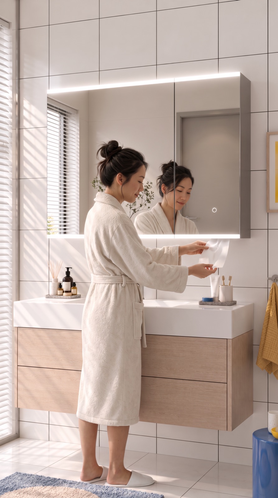 A woman in a robe at a HERA Align 80 LED mirror cabinet