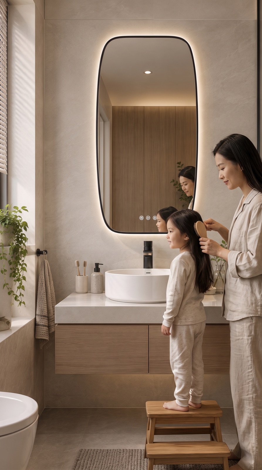 A mother brushing her daughter's hair at a HERA Flow LED mirror