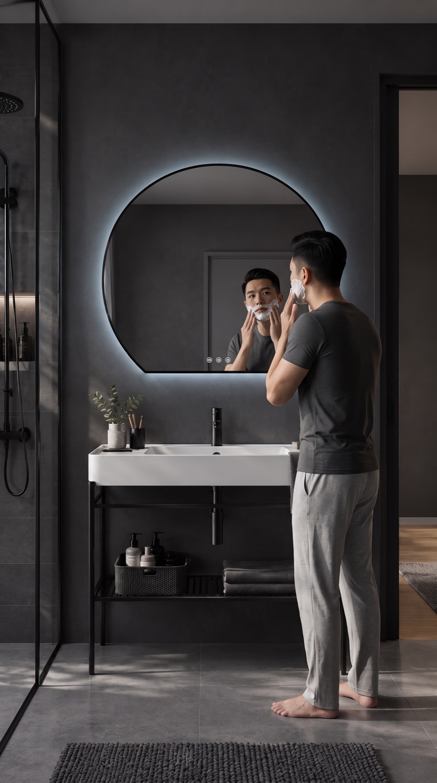 A man shaving at a HERA Luna LED mirror