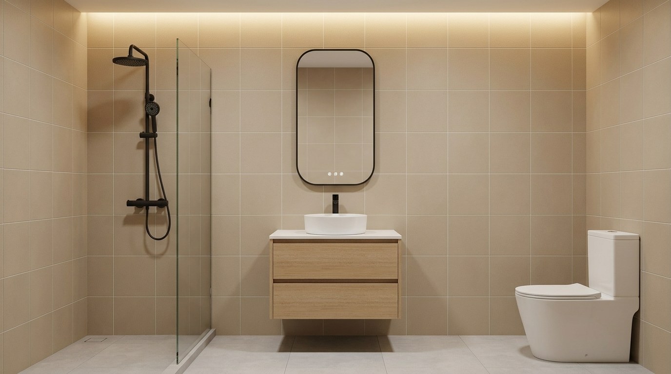A HERA bathroom with a rain shower, basin tap and accessories