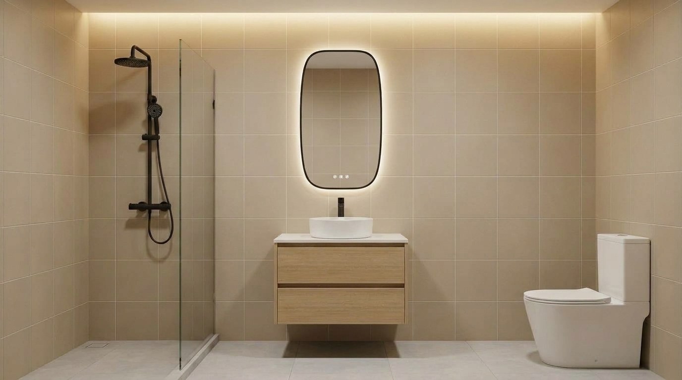 A HERA bathroom with an LED mirror above a wood vanity