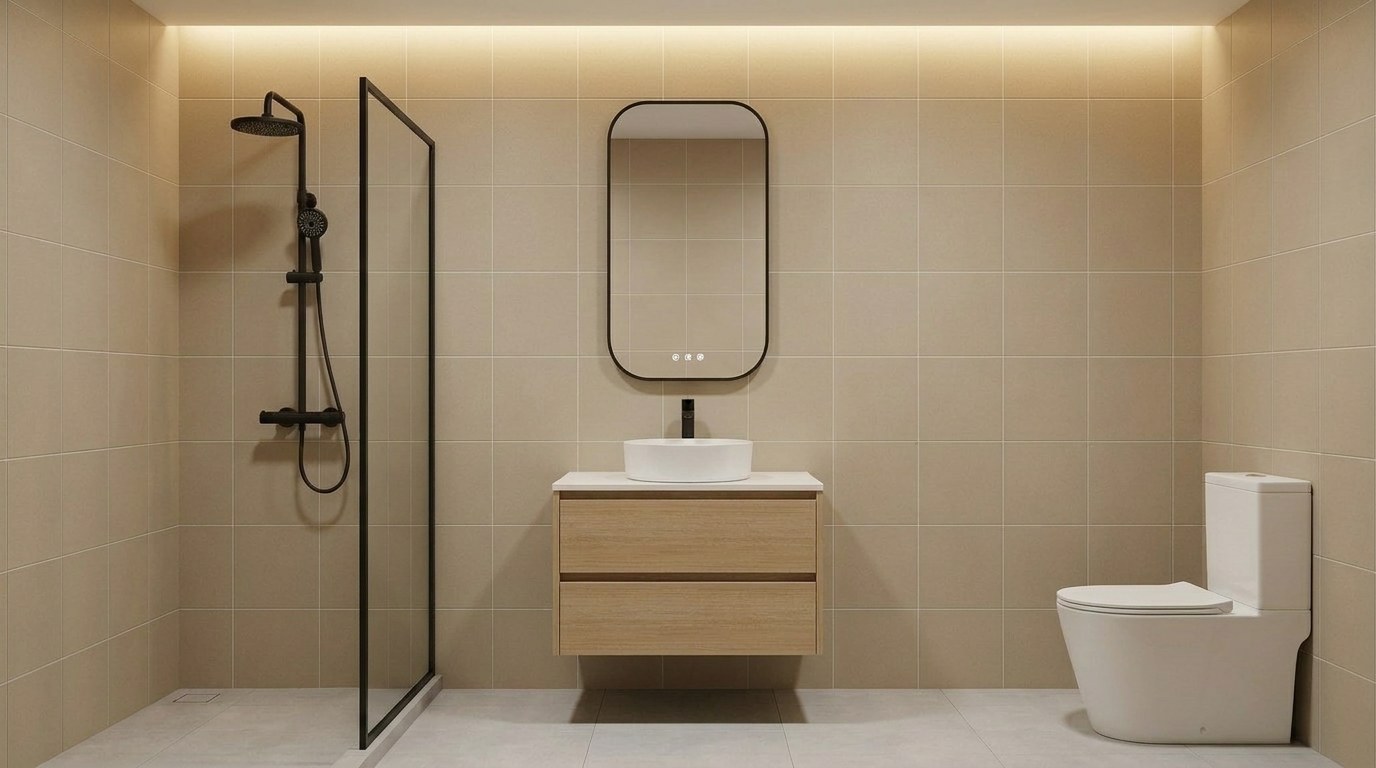 A HERA bathroom with a framed glass shower panel
