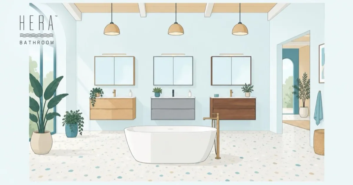 Illustration of the HERA showroom with three vanity cabinets and mirror cabinets on the wall and a freestanding bathtub in front.