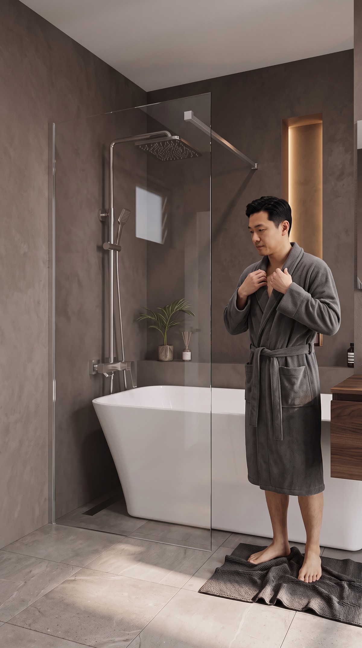 A man in a robe beside a Chrome rectangle rain shower and a clear glass panel