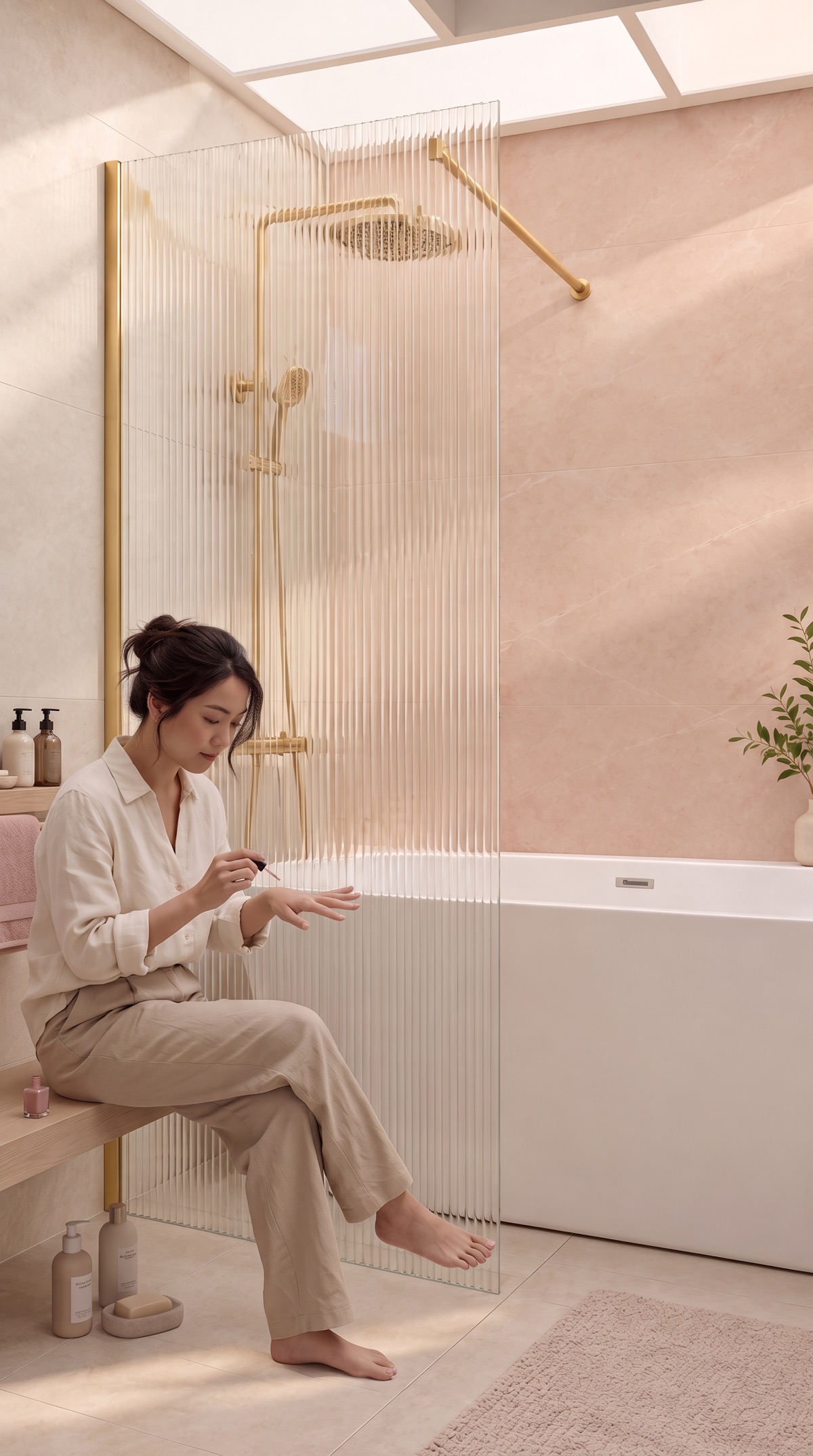 A woman painting her nails beside a Matt Gold rain shower behind fluted glass