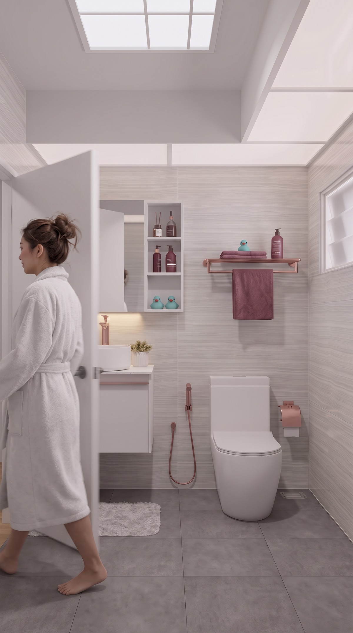 A woman in a robe walking into a bathroom with a Rose Gold tap, bidet spray, towel rack and paper holder