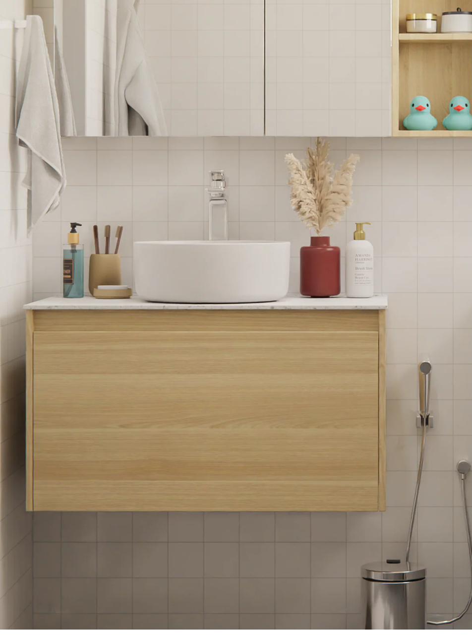 Close-up of the Ash Wood wood-effect PVC finish on a vanity