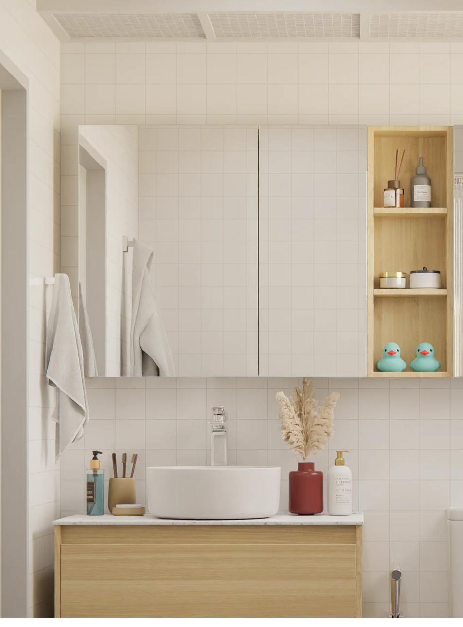 Ash Wood wall-hung vanity with matching mirror cabinet