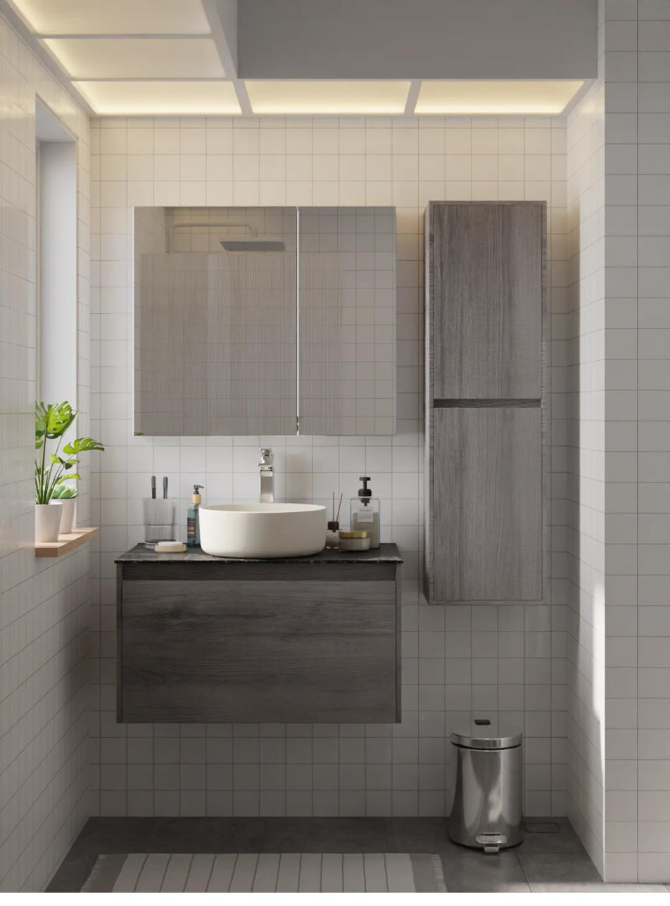 Slate Grey bathroom vanity in a well-ventilated bathroom