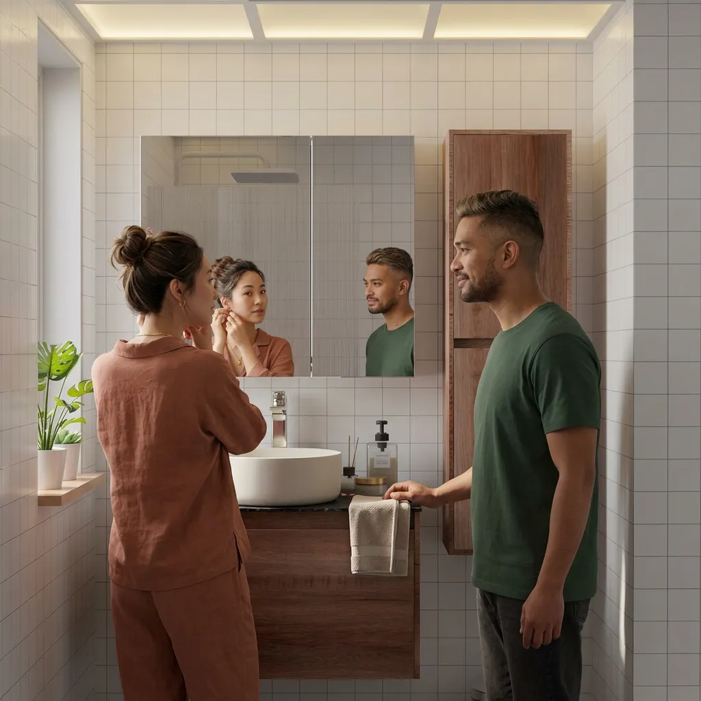 Couple at HERA walnut vanity with side column cabinet in tiled bathroom