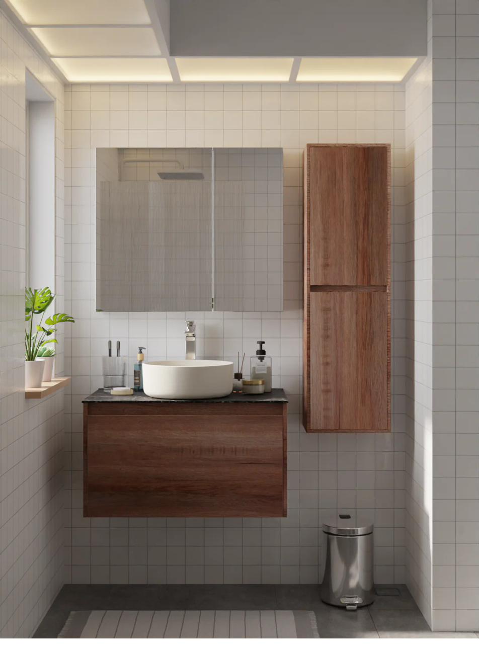 Grey Oak vanity in a humid Singapore bathroom