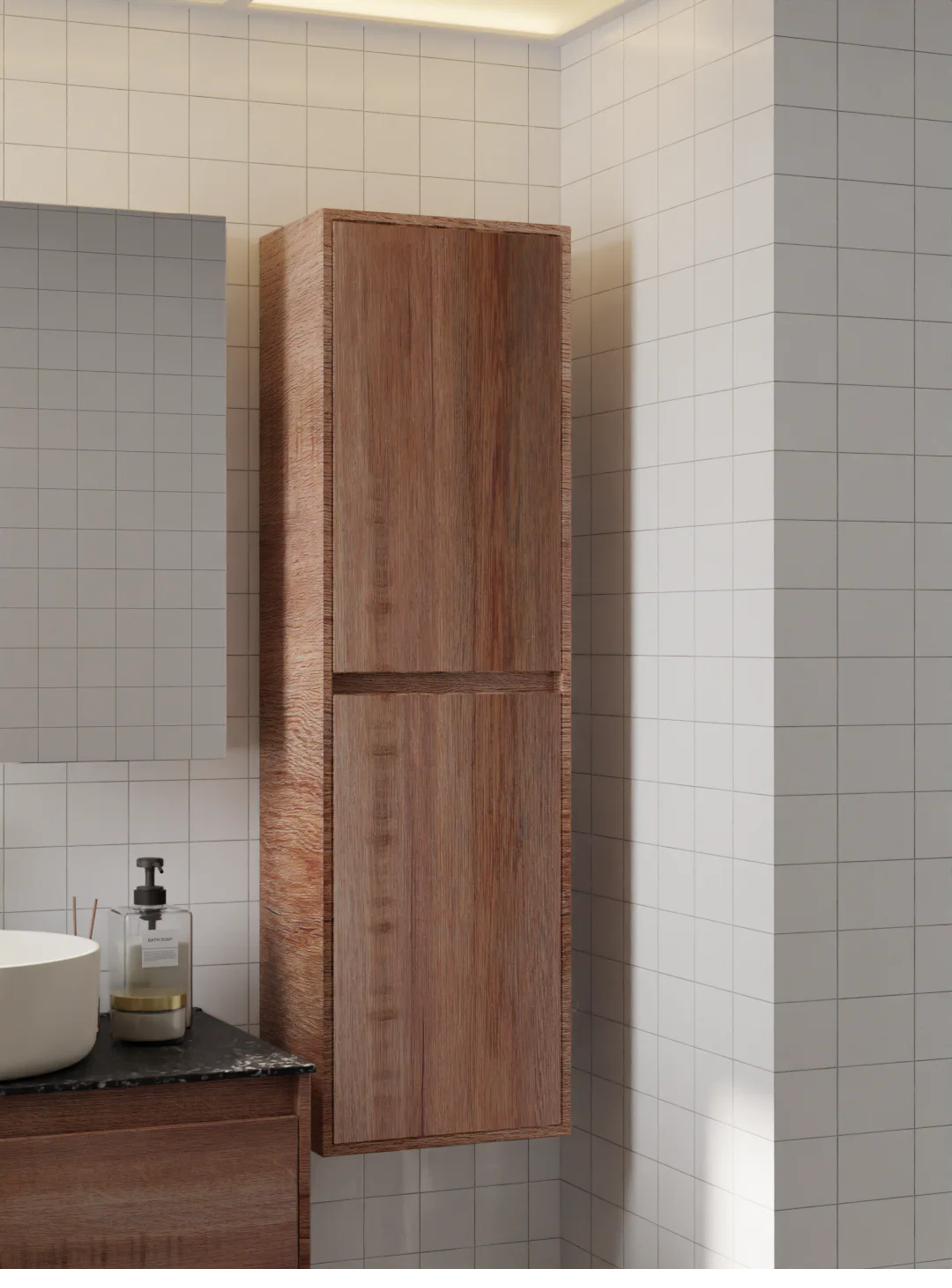 Slim Grey Oak side cabinet next to the vanity