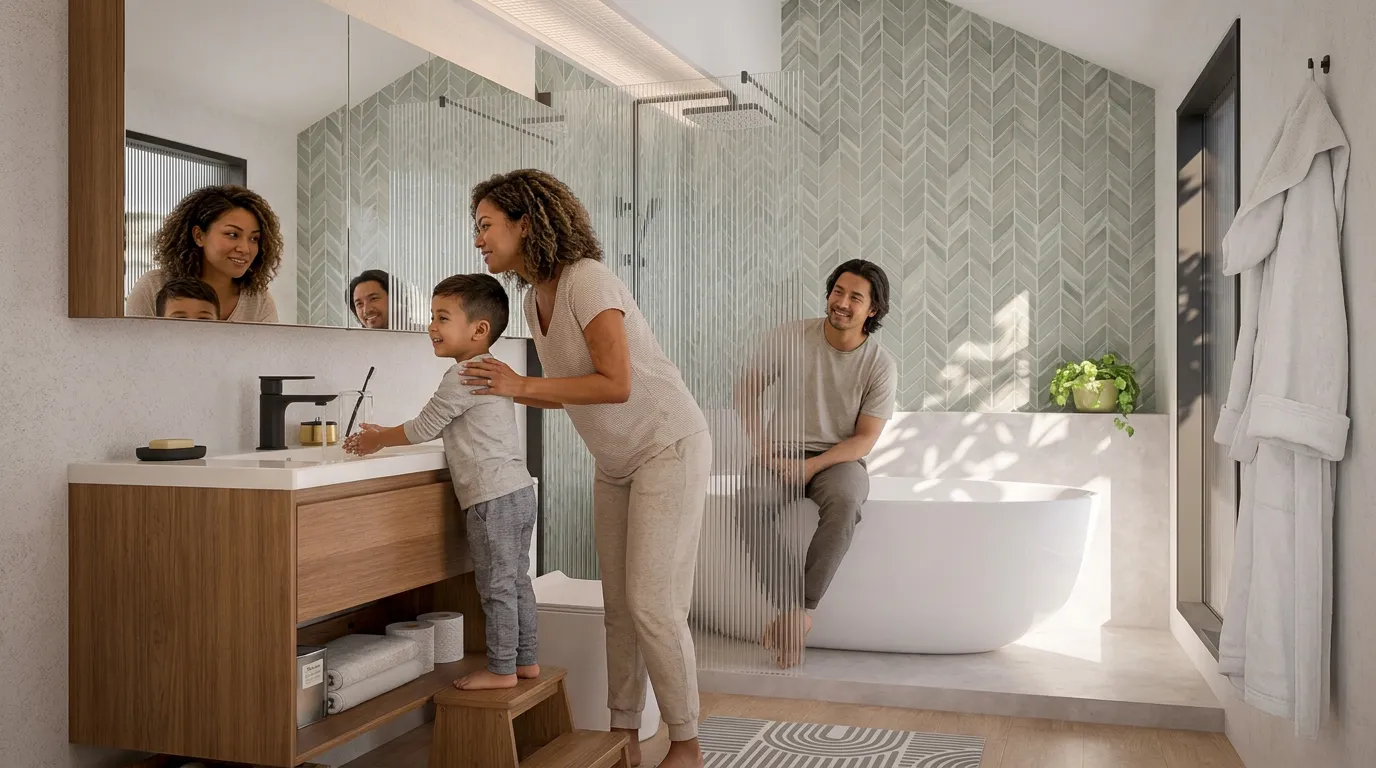 Family using HERA vanity cabinet in modern Singapore bathroom with bathtub and chevron tiles