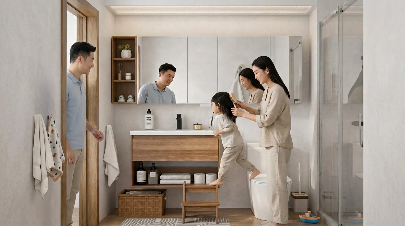 Family morning routine at HERA vanity cabinet