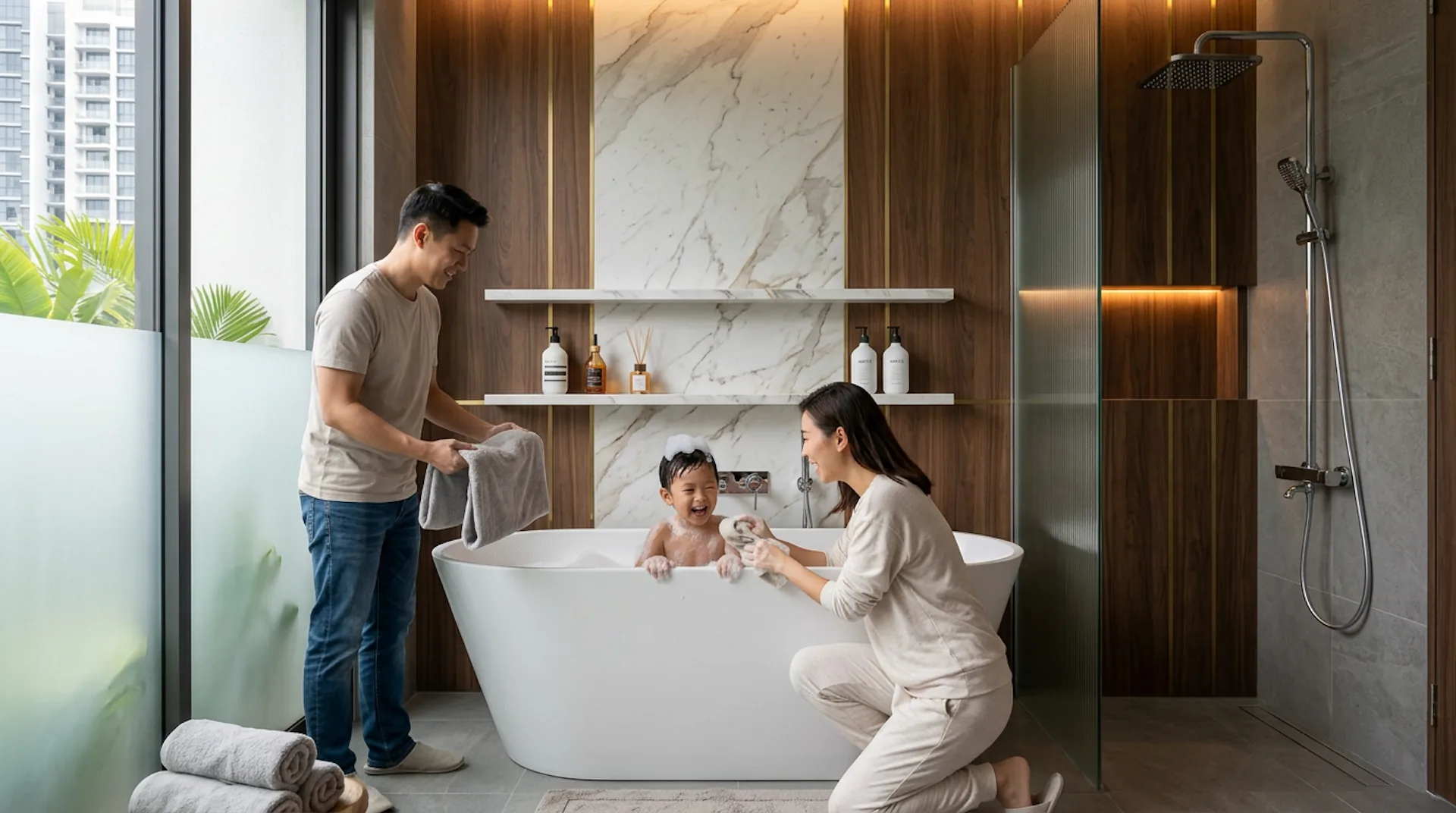 Modern Singapore bathroom with HERA freestanding bathtub